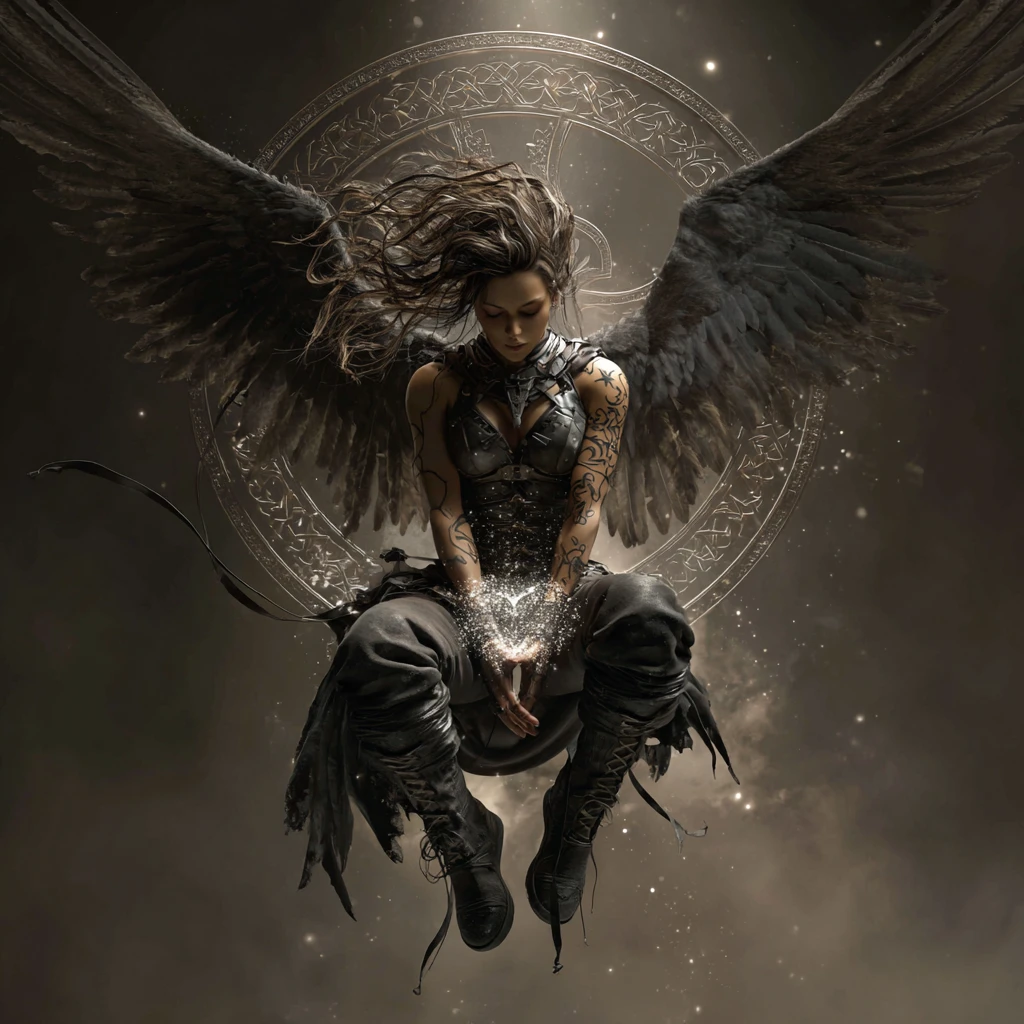 Dark fallen angel woman before a glowing celtic cross