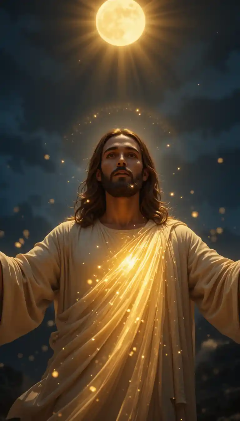 Jesus Christus mit offenen Armen in leuchtender Nachtszene