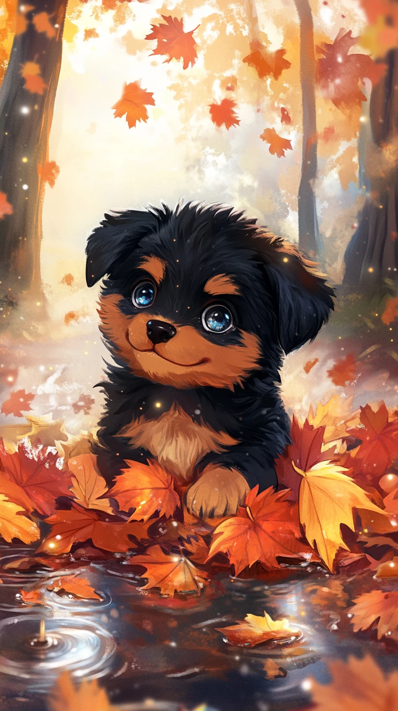 Chiot rottweiler chibi jouant dans des feuilles d’automne magiques