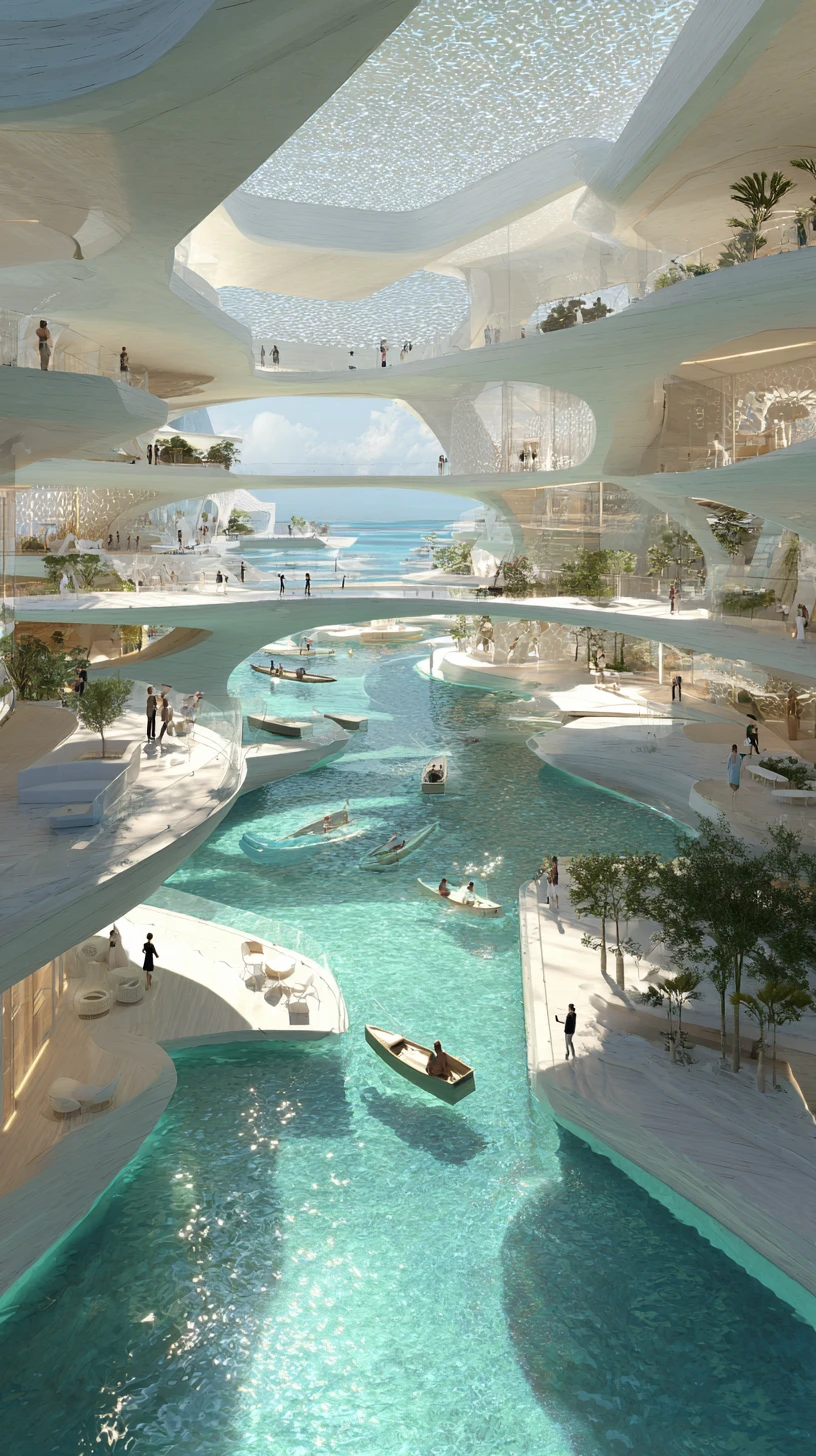 Centro culturale costiero futuristico con canali di vetro