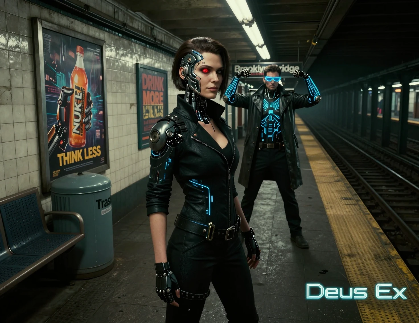 Mujer aumentada en andén de metro cyberpunk vacío