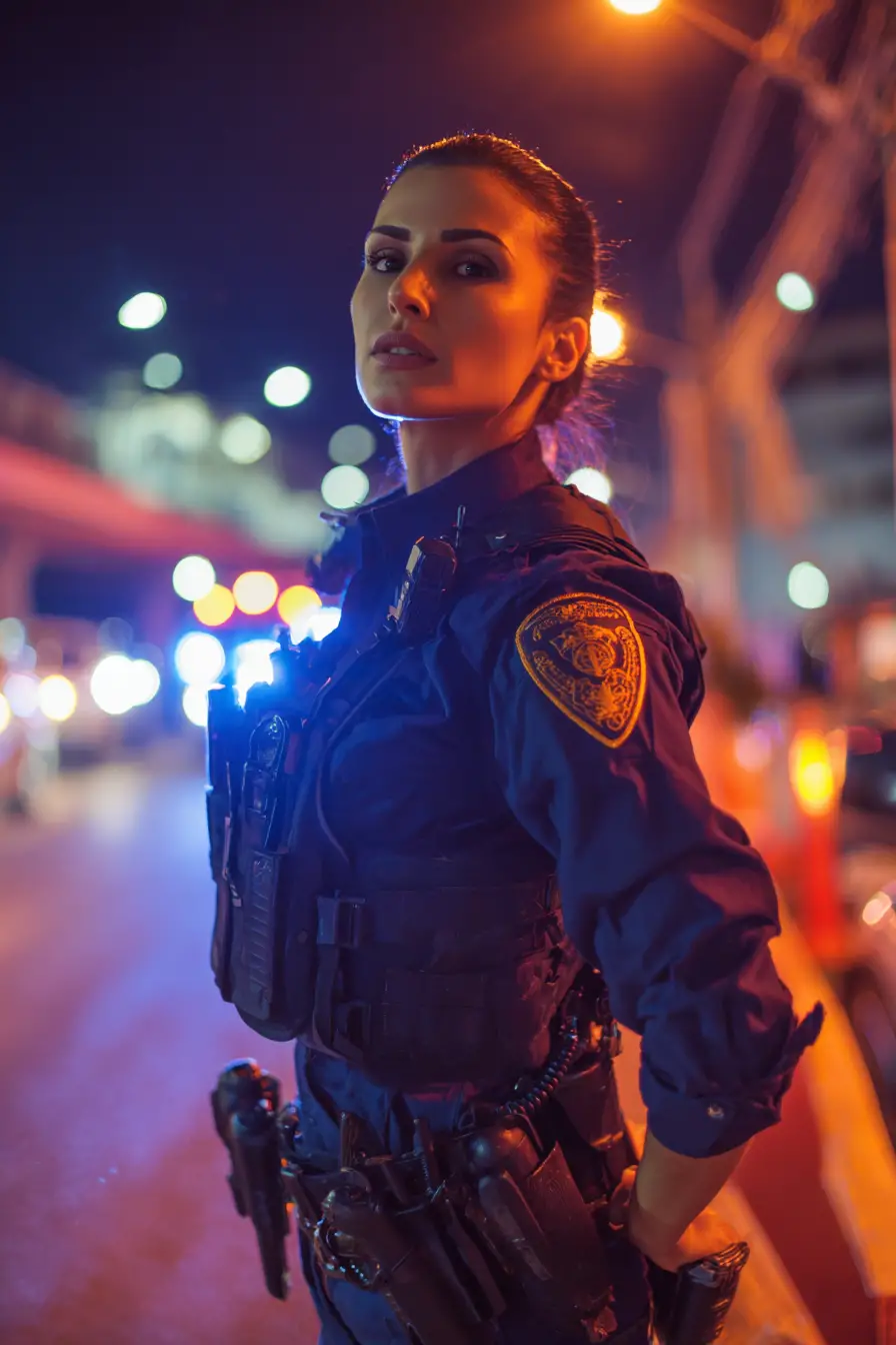 Tall blonde policewoman beside patrol car at night
