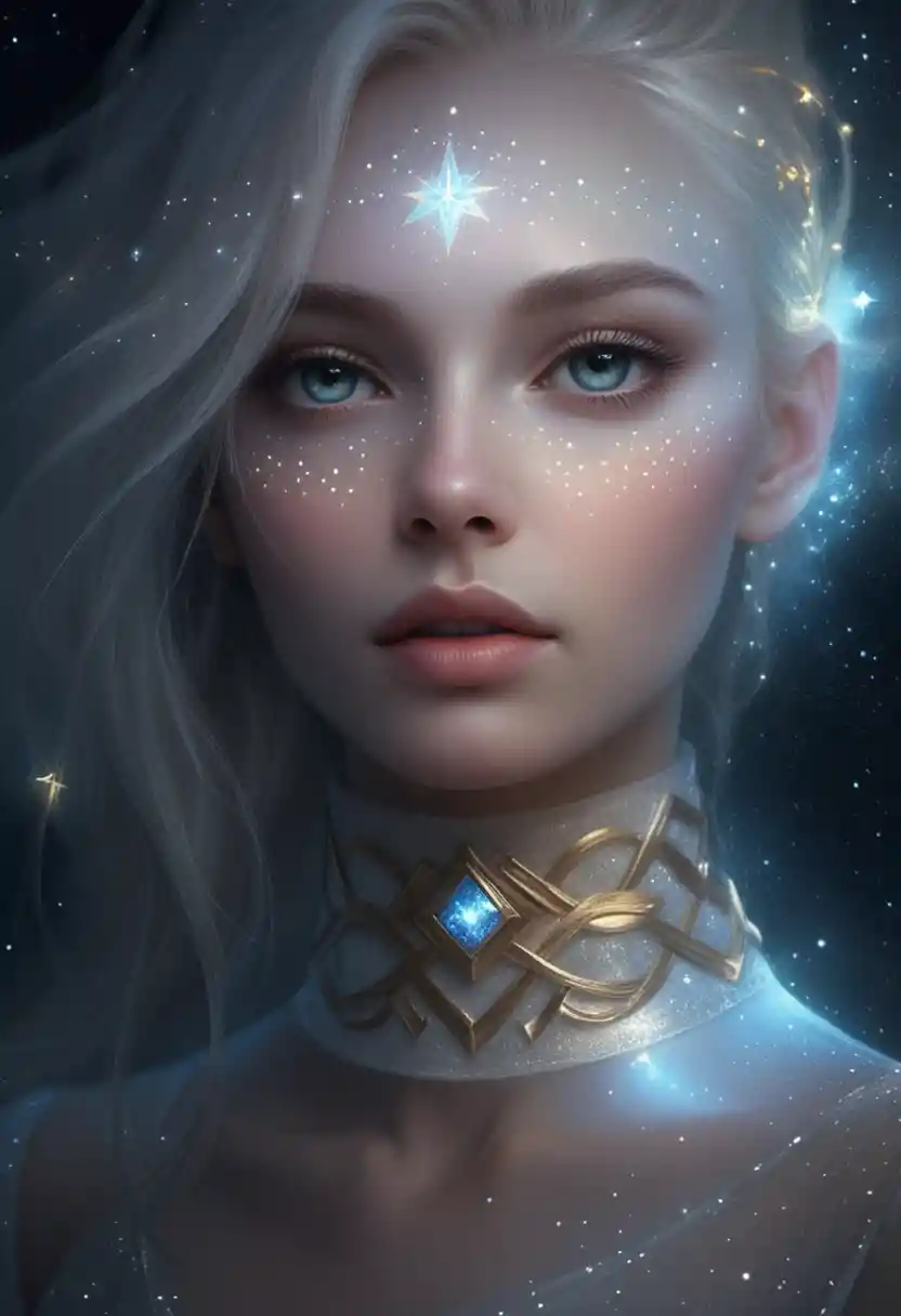 Ethereal woman glowing against a dark starry night sky