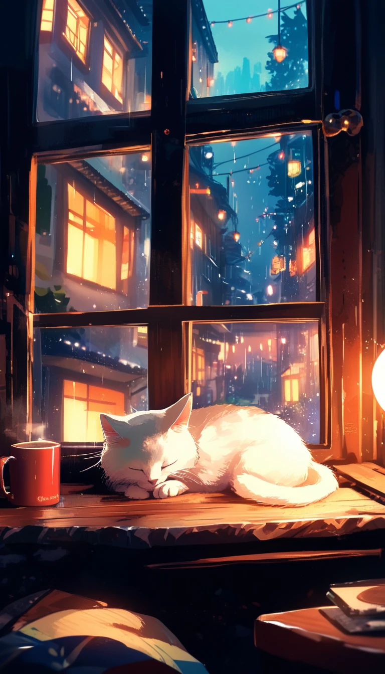 Fluffy white cat napping beside coffee on rainy day