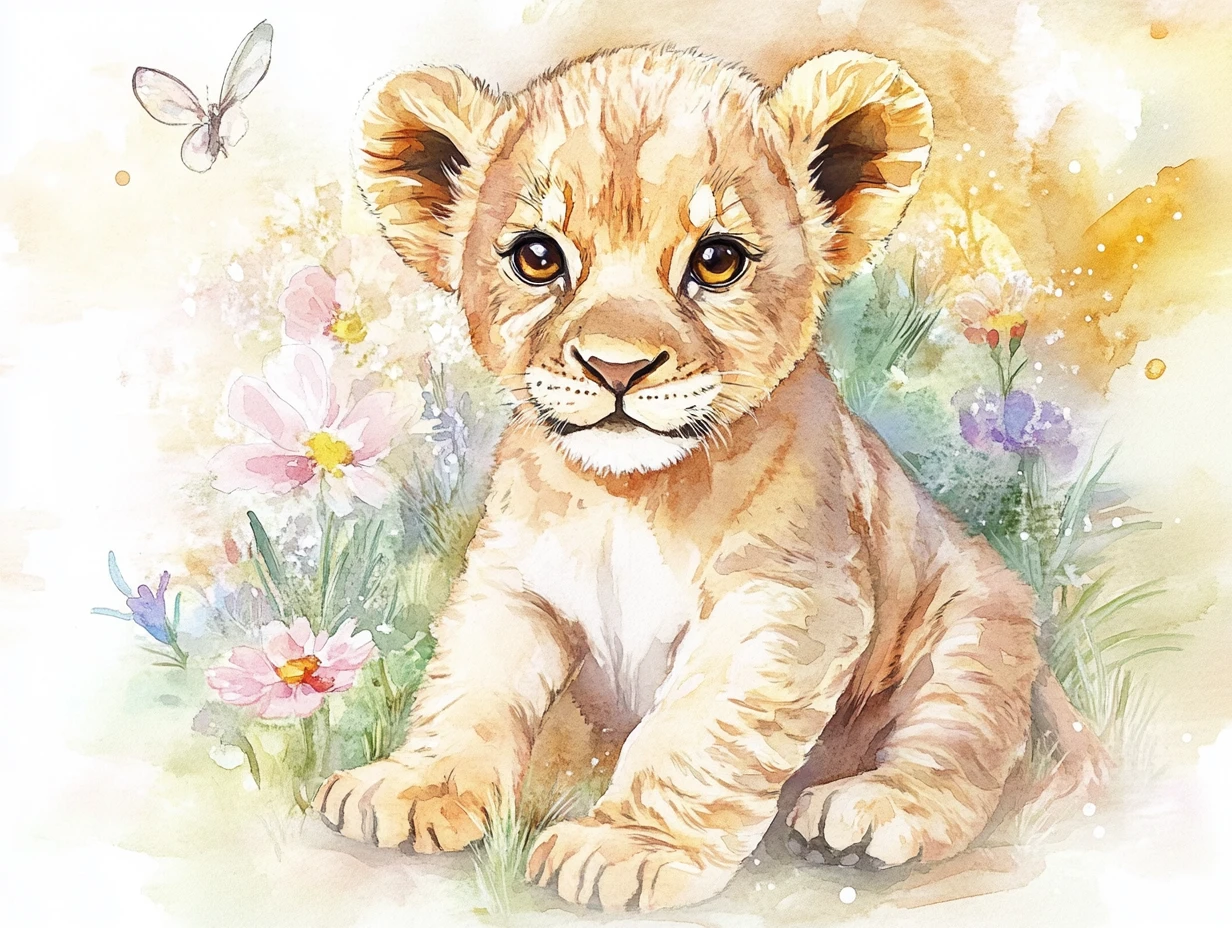 Watercolor baby lion cub in a dreamy flower meadow