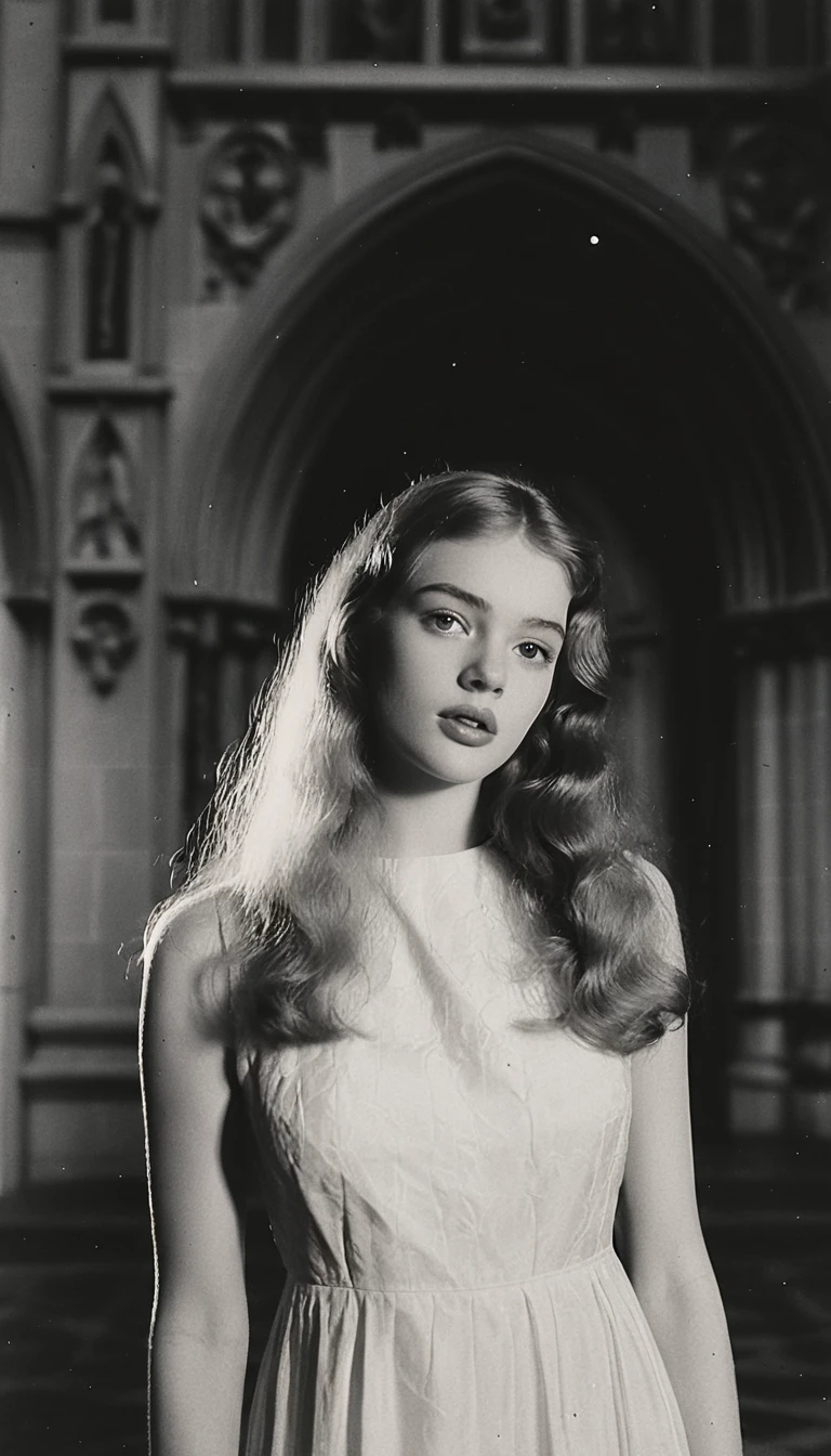 Young woman in white dress in shadowed cathedral