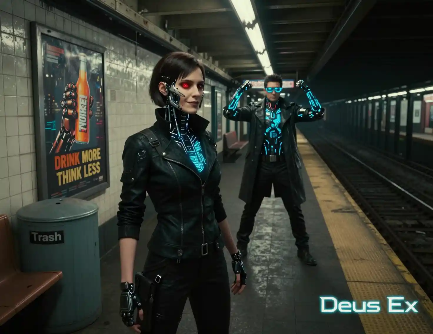 Augmented woman waiting alone on cyberpunk subway platform