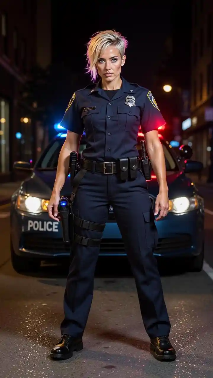 Tall blonde policewoman on duty beside patrol car at night