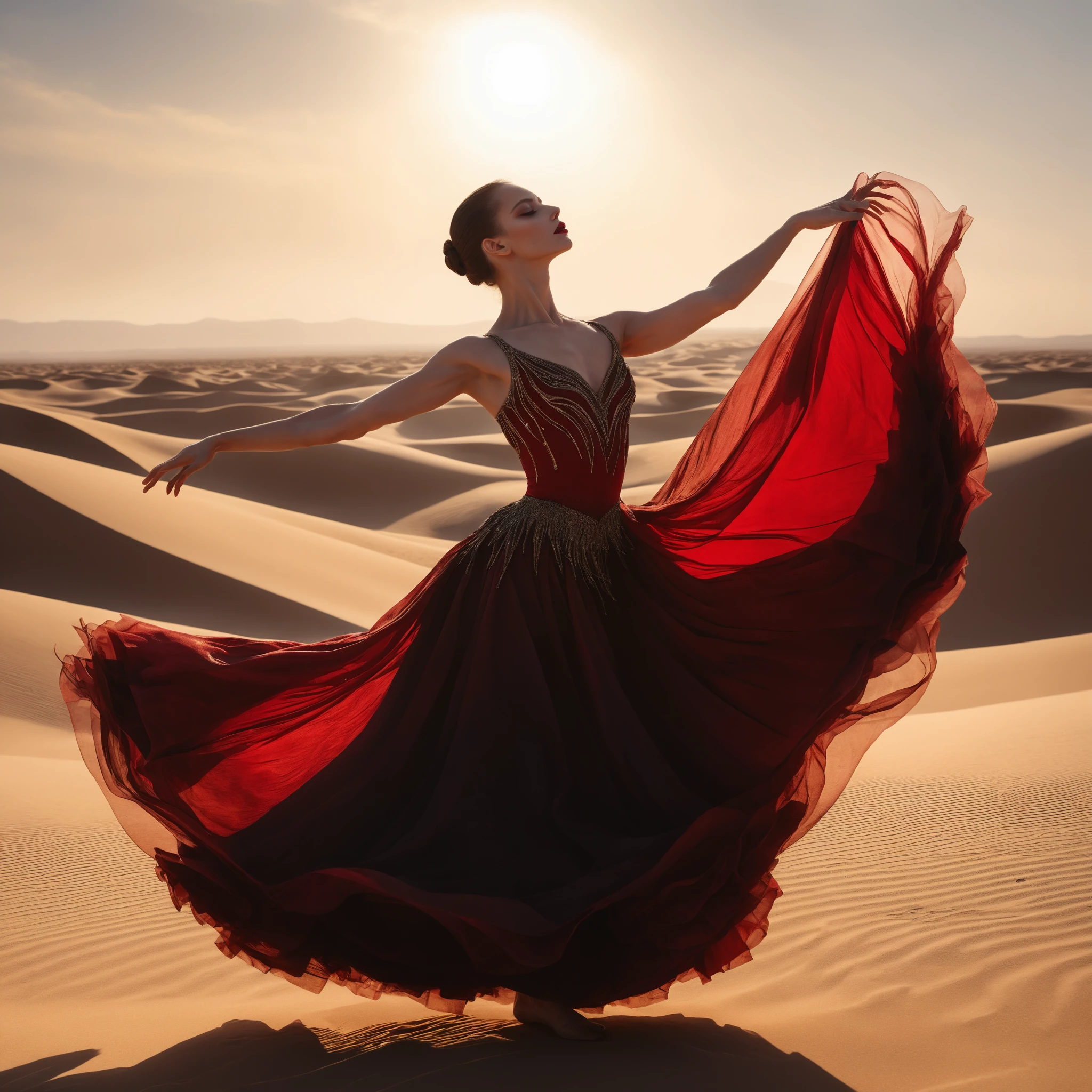 Dancer in flowing crimson silk leaping across desert sands