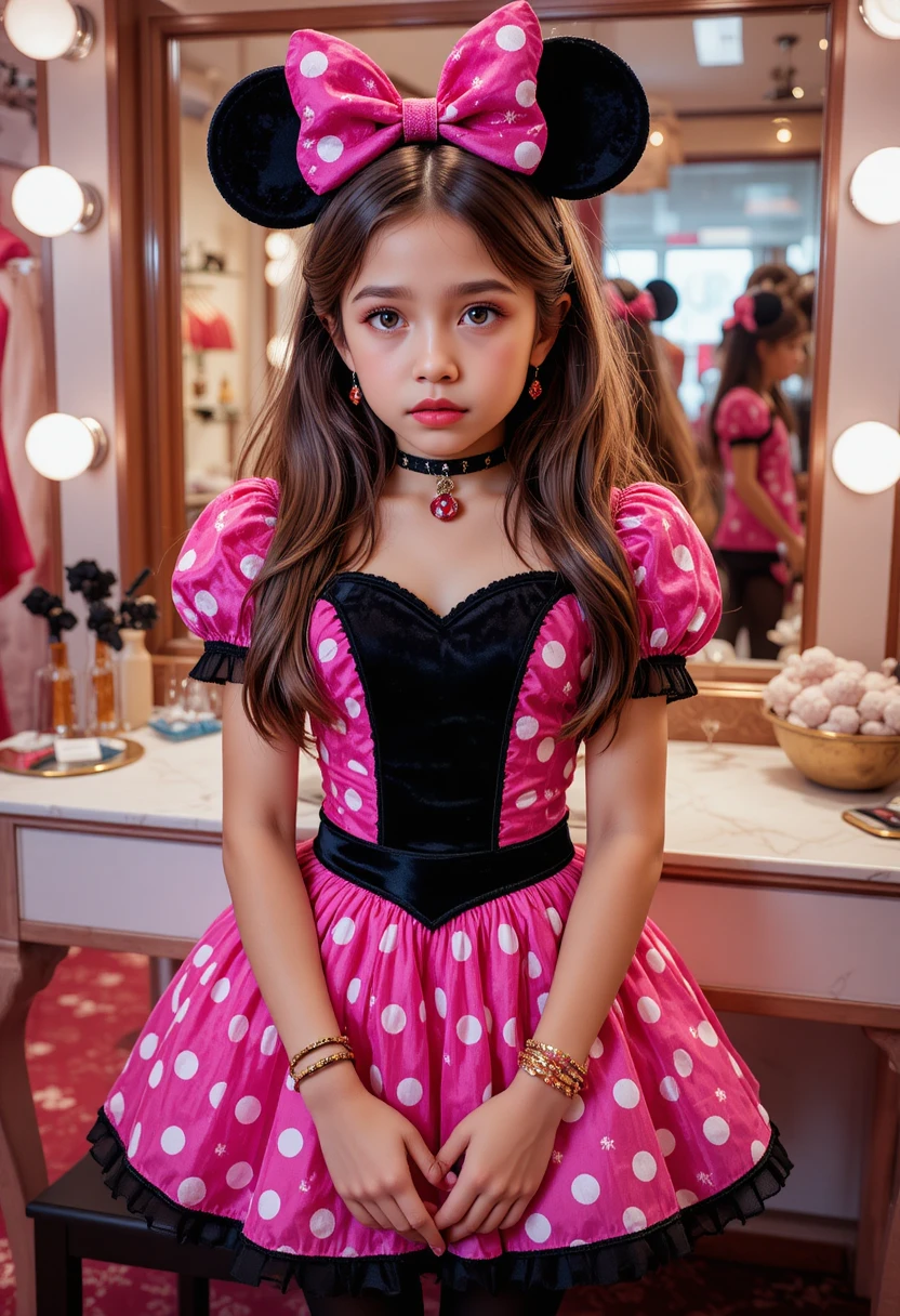 Chico preadolescente ansioso disfrazado de Minnie Mouse en boutique