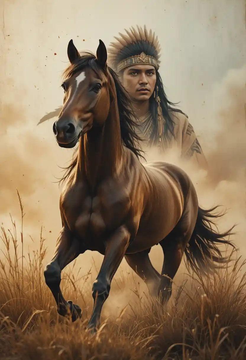 Powerful horse running through tall prairie grass at sunset
