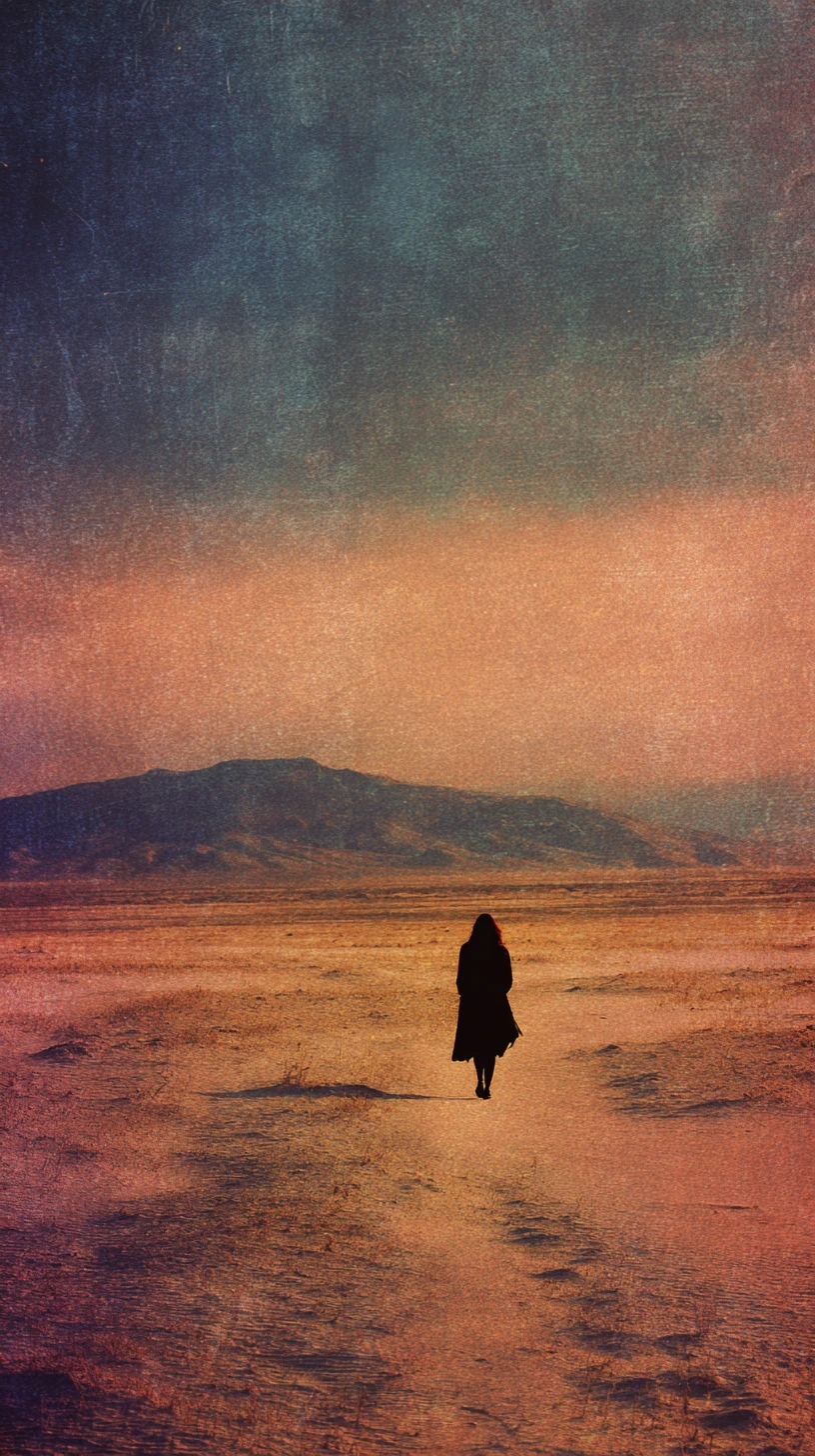 Lonely figure wandering through a surreal desert landscape