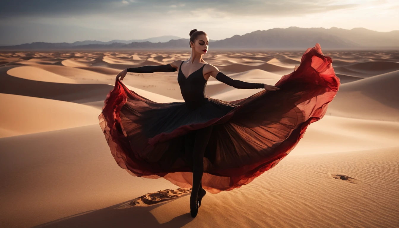 Lone dancer in flowing crimson silk across desert dunes