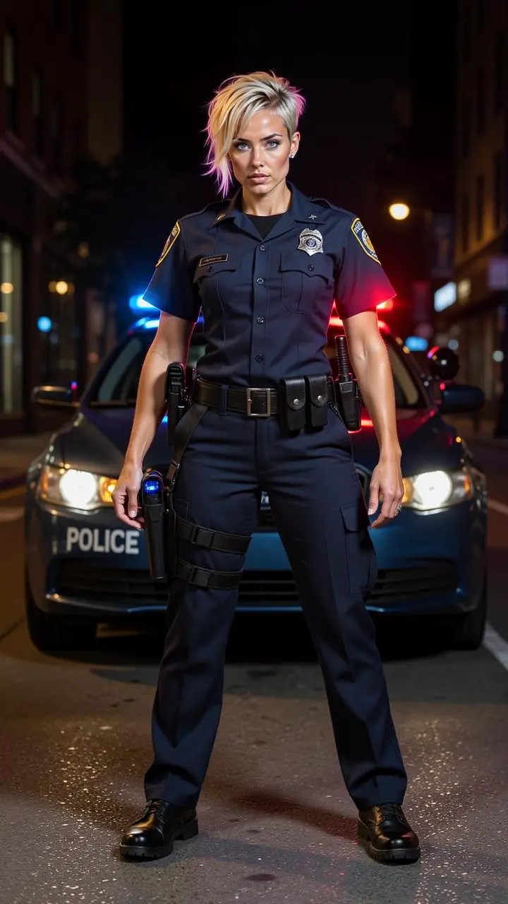 Tall blonde policewoman on duty beside patrol car at night
