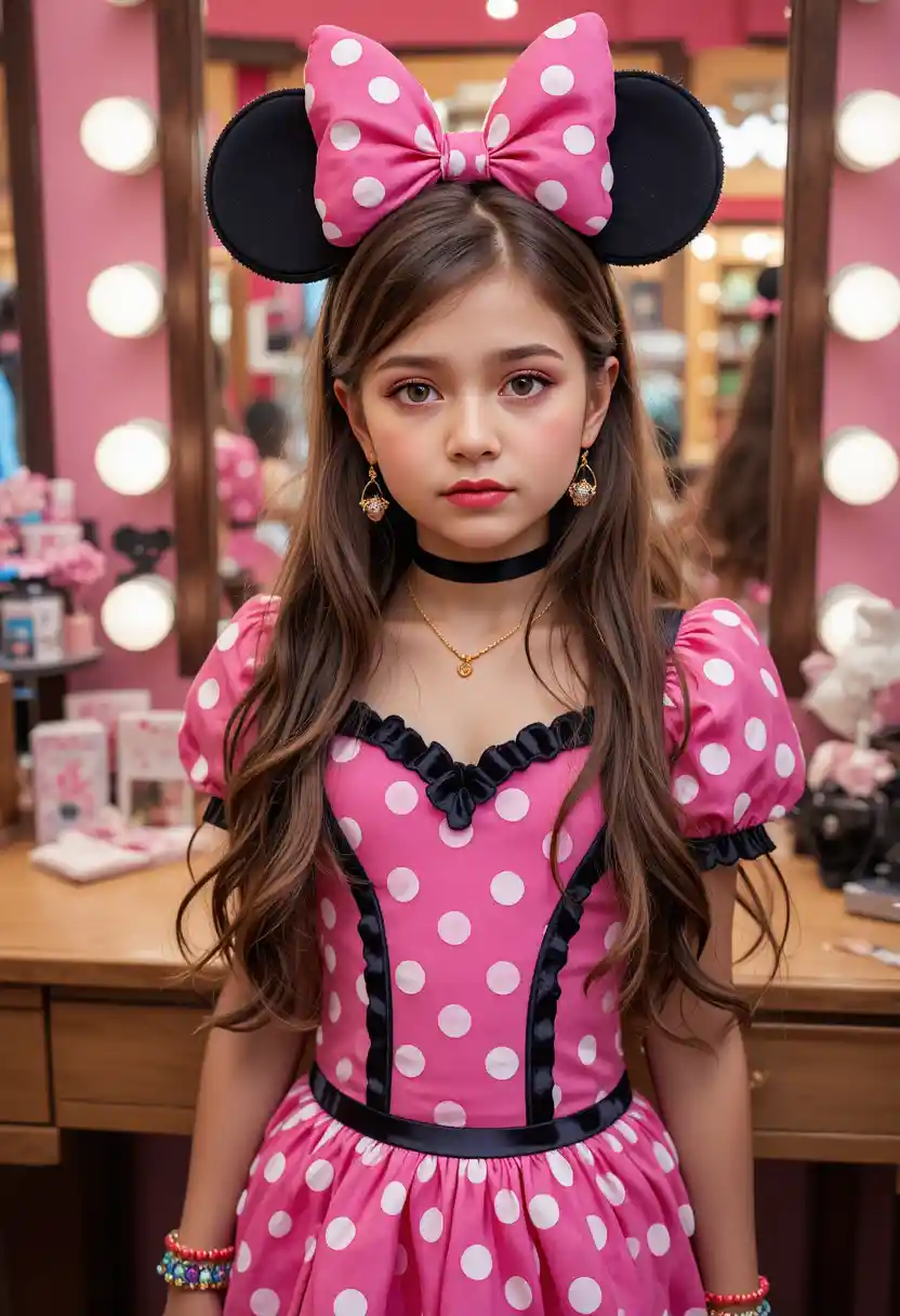 Anxious tween boy dressed as Minnie Mouse in boutique