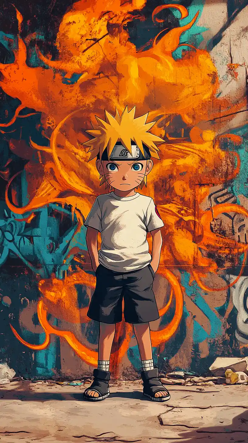 Chibi anime boy posing before a fiery graffiti wall