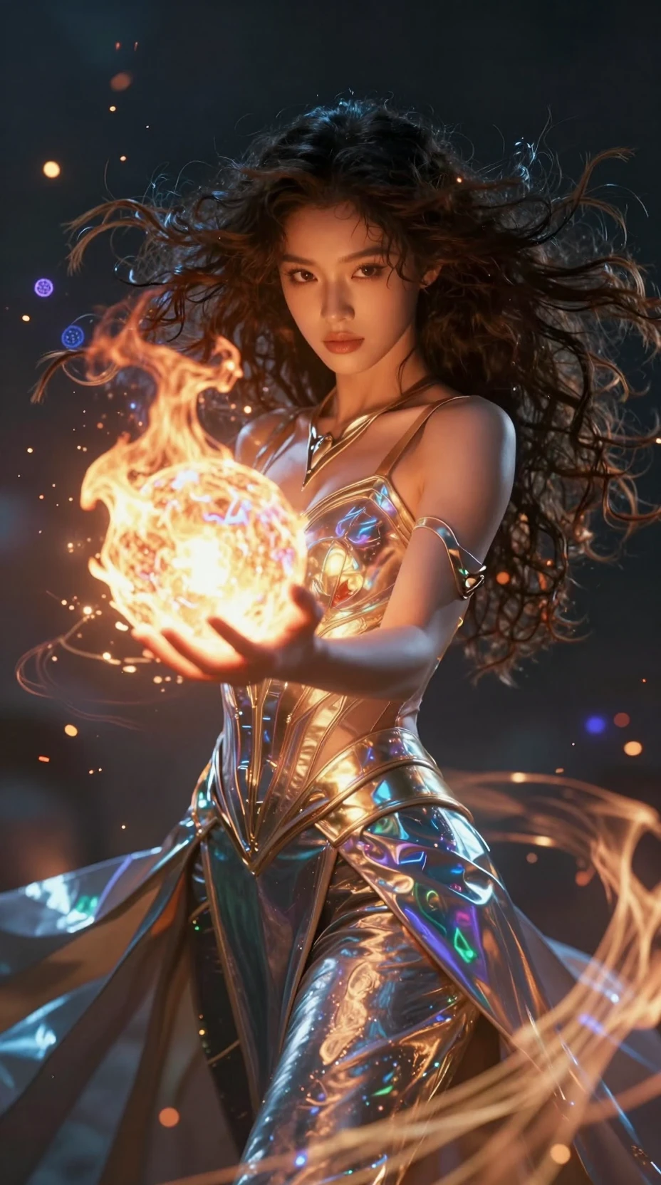 Afrofuturistic sorceress holding a fiery glowing magic orb