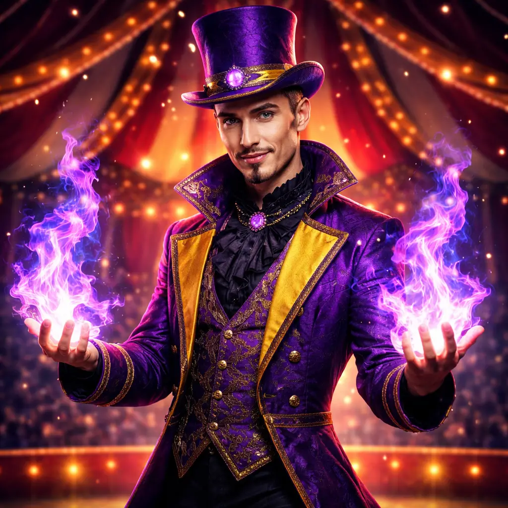 Magician Conjuring Purple And Blue Fire At The Circus
