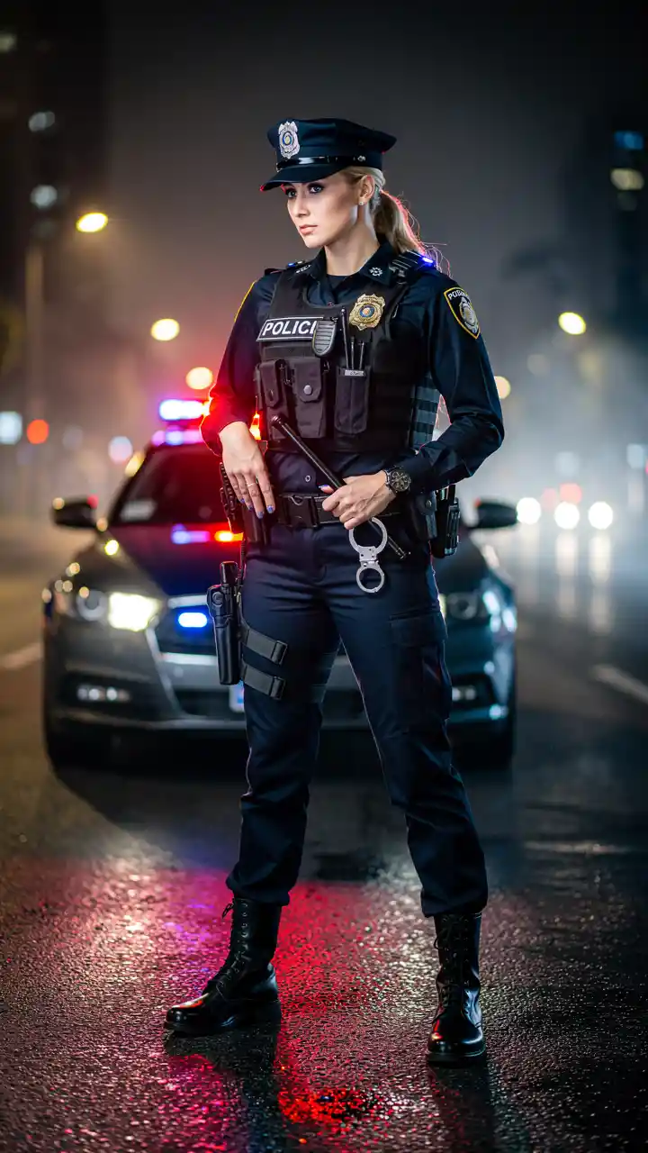 Beautiful blonde policewoman alert on quiet night street