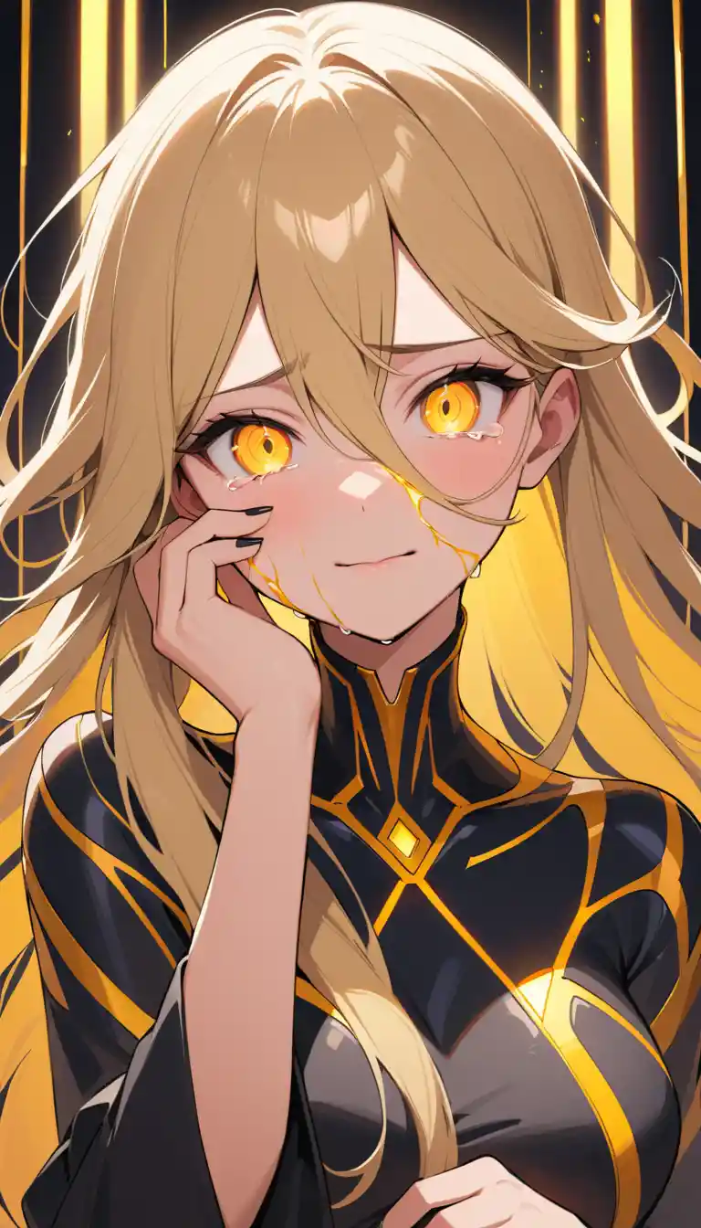 Crying blonde woman with glowing gold veins in neon room
