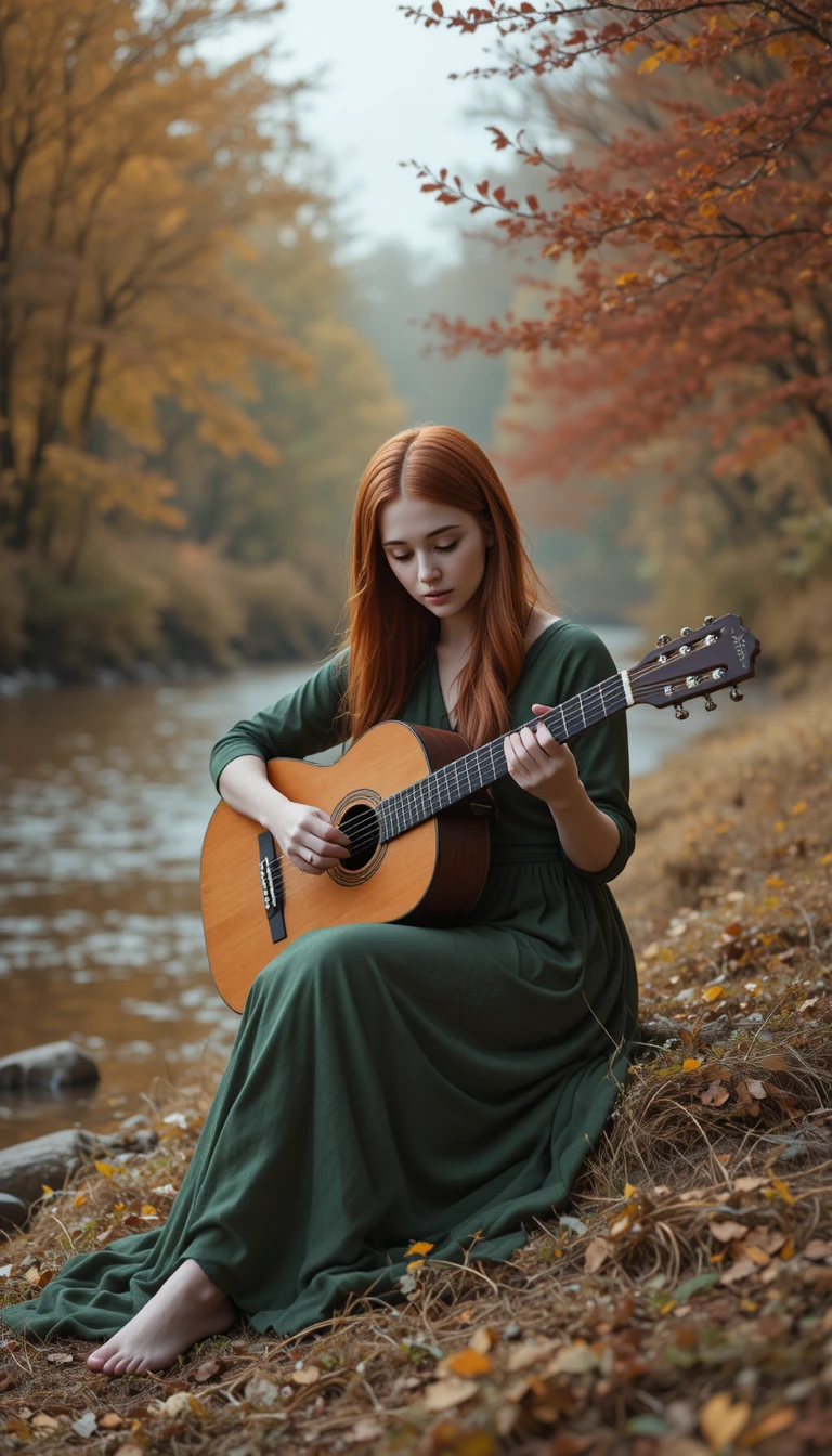 Giovane donna che suona la chitarra su una tranquilla riva fluviale autunnale