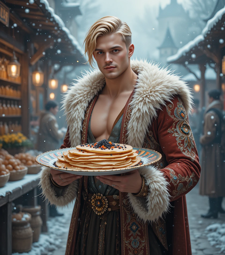 Smiling blond teen in winter folk costume at market