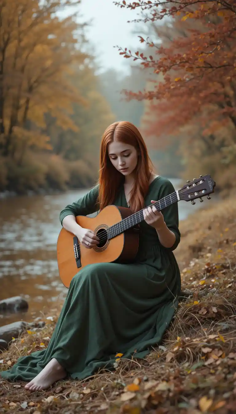 Giovane donna che suona la chitarra su una tranquilla riva fluviale autunnale