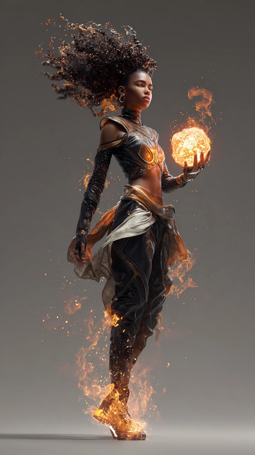 Afrofuturistic sorceress holding a fiery glowing magic orb