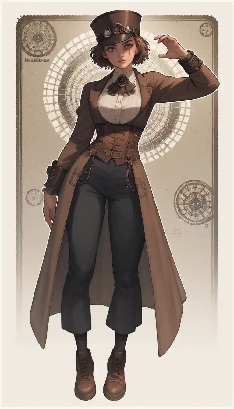 Robot woman dancing in a split pose with steampunk scene