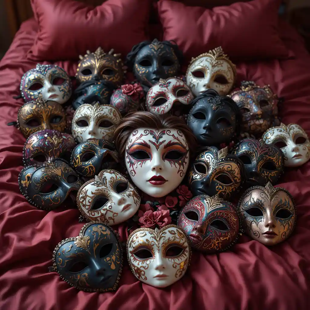 Heart shaped masquerade mask on red silk bed
