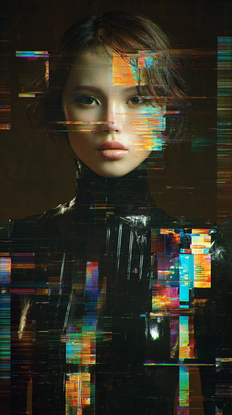 Futuristic woman dissolving into vivid digital glitch pixels