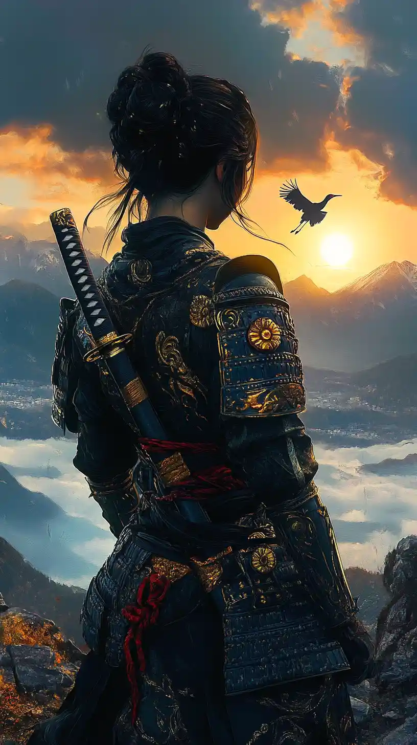 Female samurai watching a sunset over distant mountains