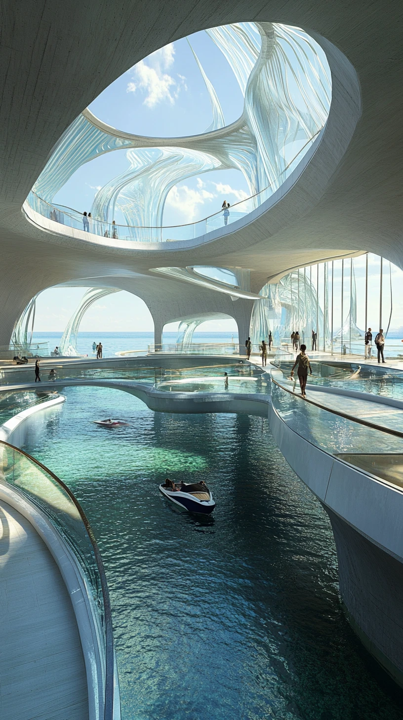 Futuristic coastal cultural center with glass canals and terraces