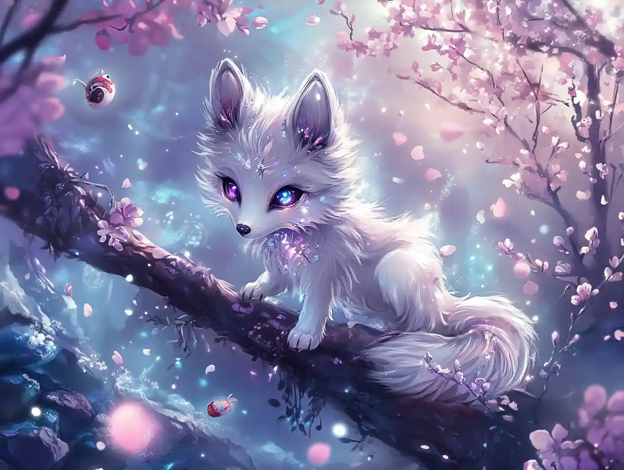 Chibi wolf on glowing cherry blossom branch in pastel sky