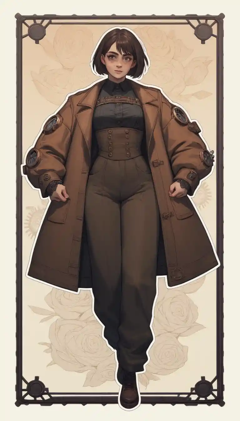 Woman in split pose against a bold steampunk cartoon backdrop
