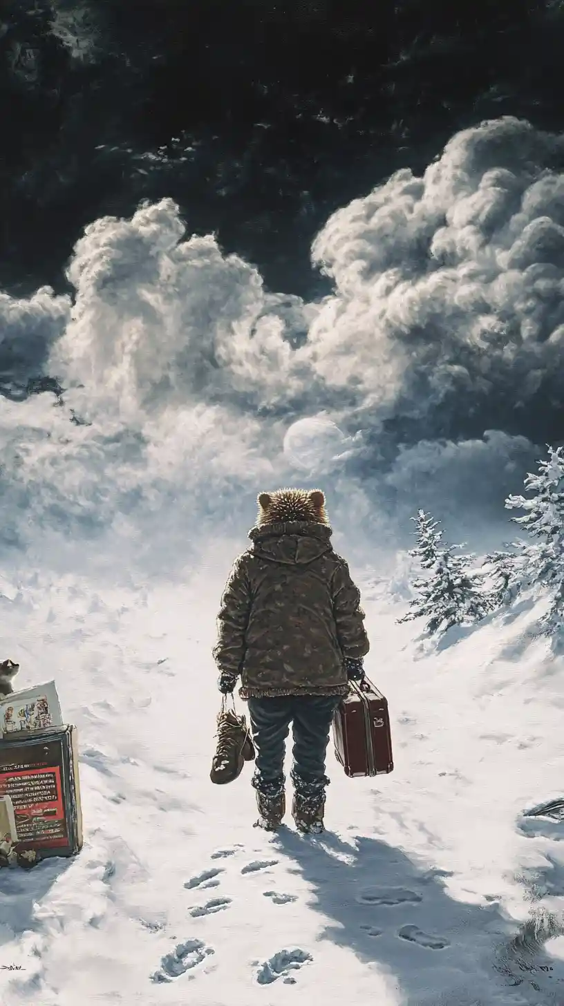 Lonely hedgehog on a snowy platform with suitcase and ticket