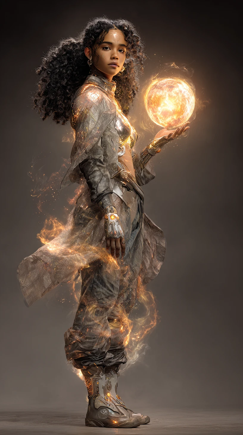 Strega afrofuturistica che tiene un orbe di magia fiammeggiante