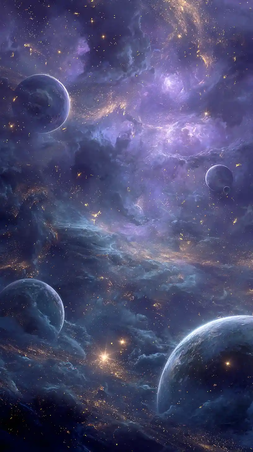 Câmara escura cósmica fotorrealista com planetas e estrelas flutuantes