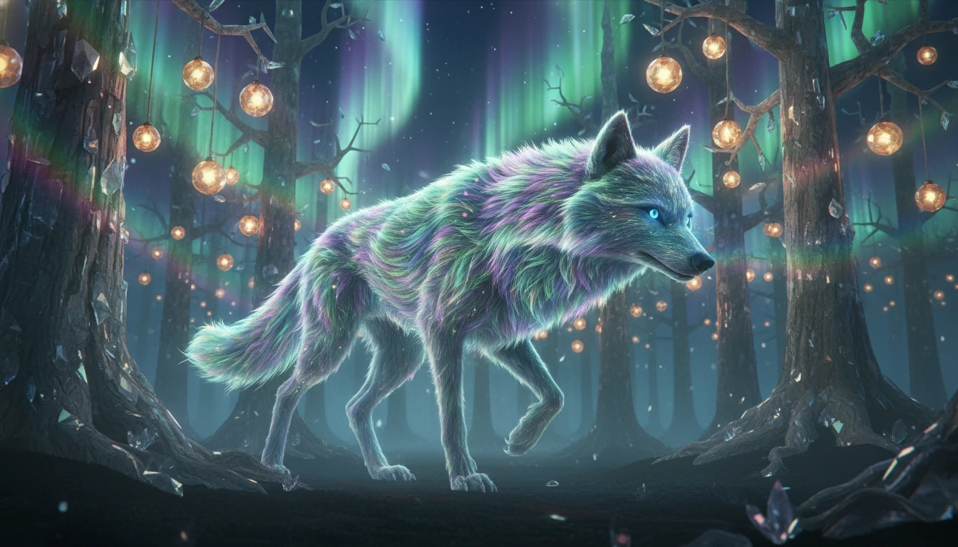 Spektralwolf, der durch einen umgekehrten Kristallwald wandert