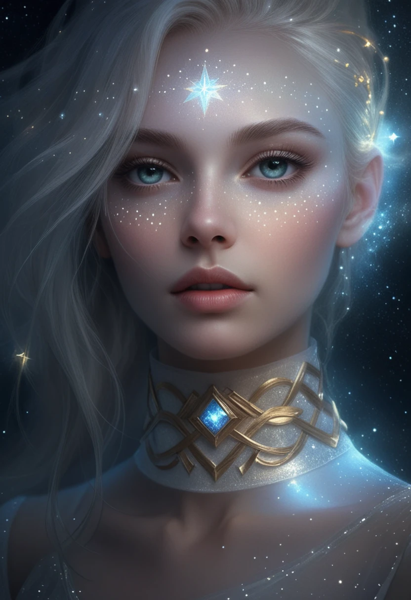 Ethereal woman glowing against a dark starry night sky