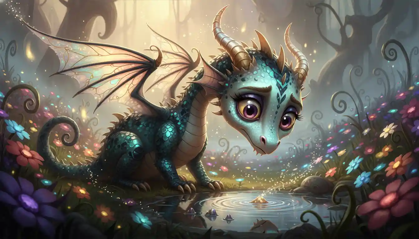 Bébé dragon féerique près d’une mare enchantée et réfléchissante