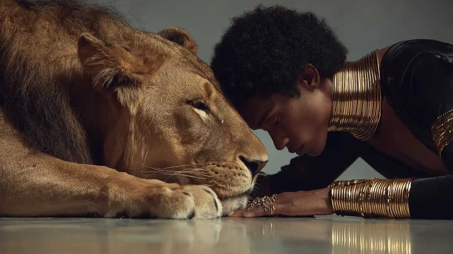 Afrofuturistic man and lion in mirrored fashion pose