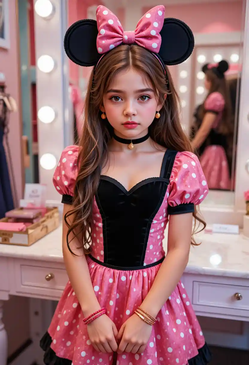 Menino pré-adolescente fantasiado de Minnie Mouse em interior de boutique