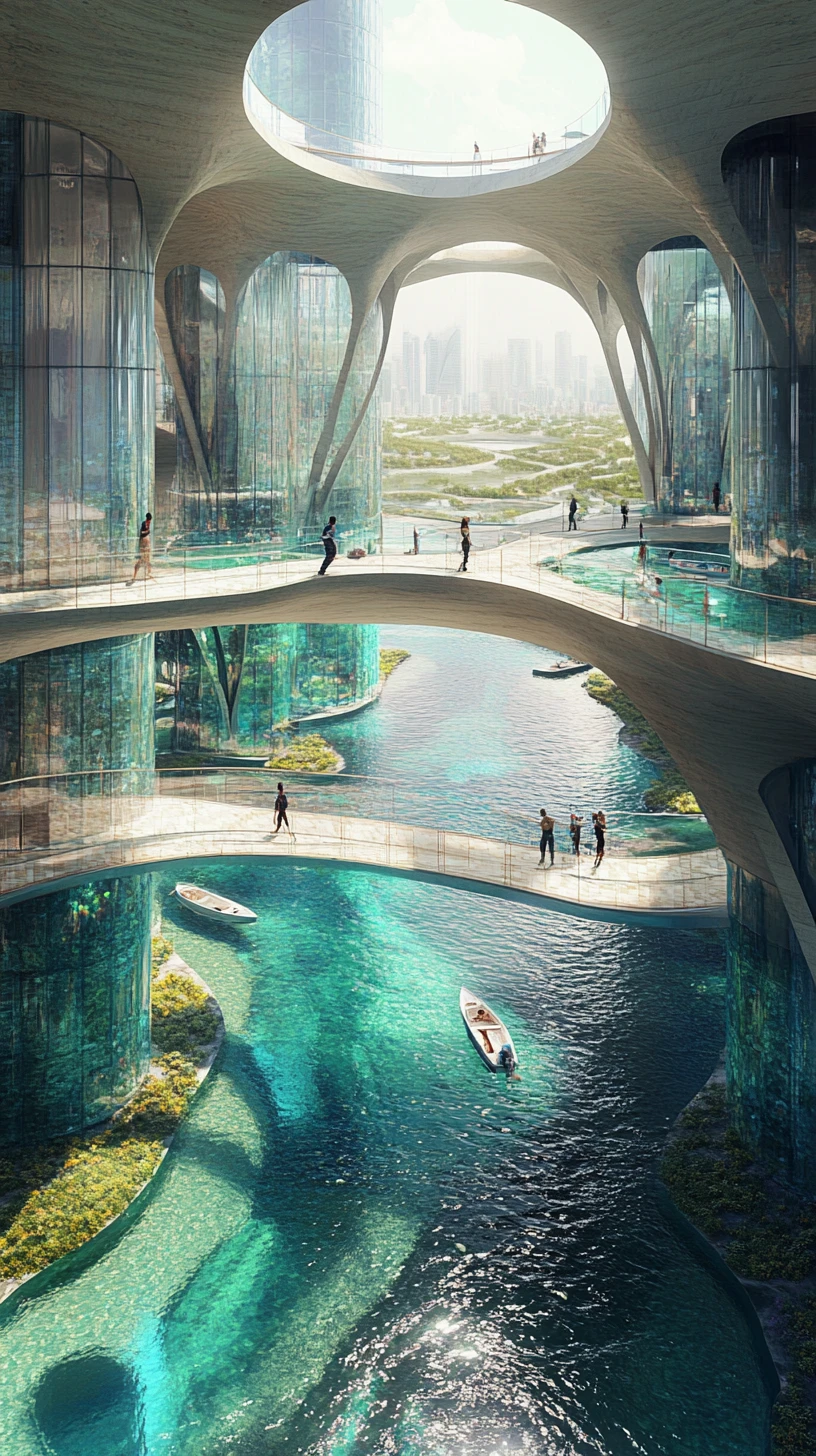Futuristic coastal cultural center with flowing interior canals