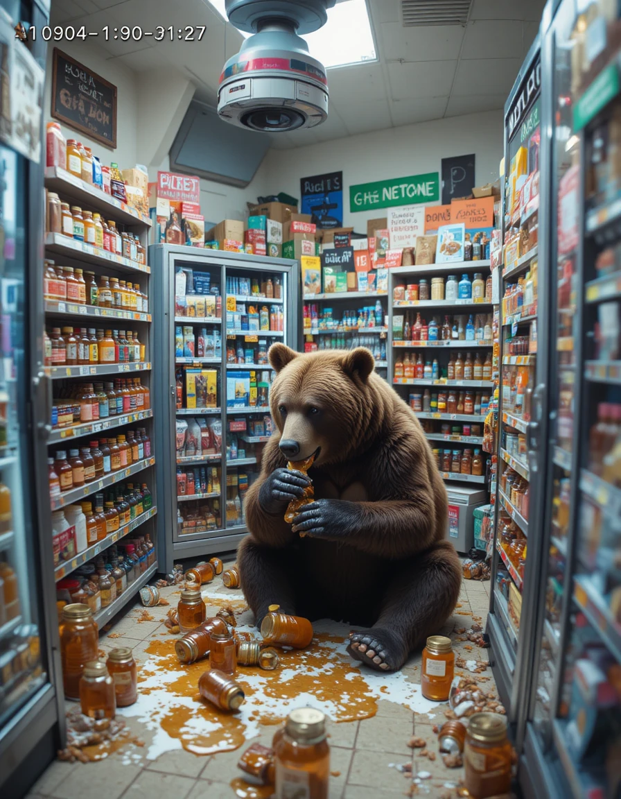 Oso grizzly comiendo miel en el suelo de una tienda de conveniencia