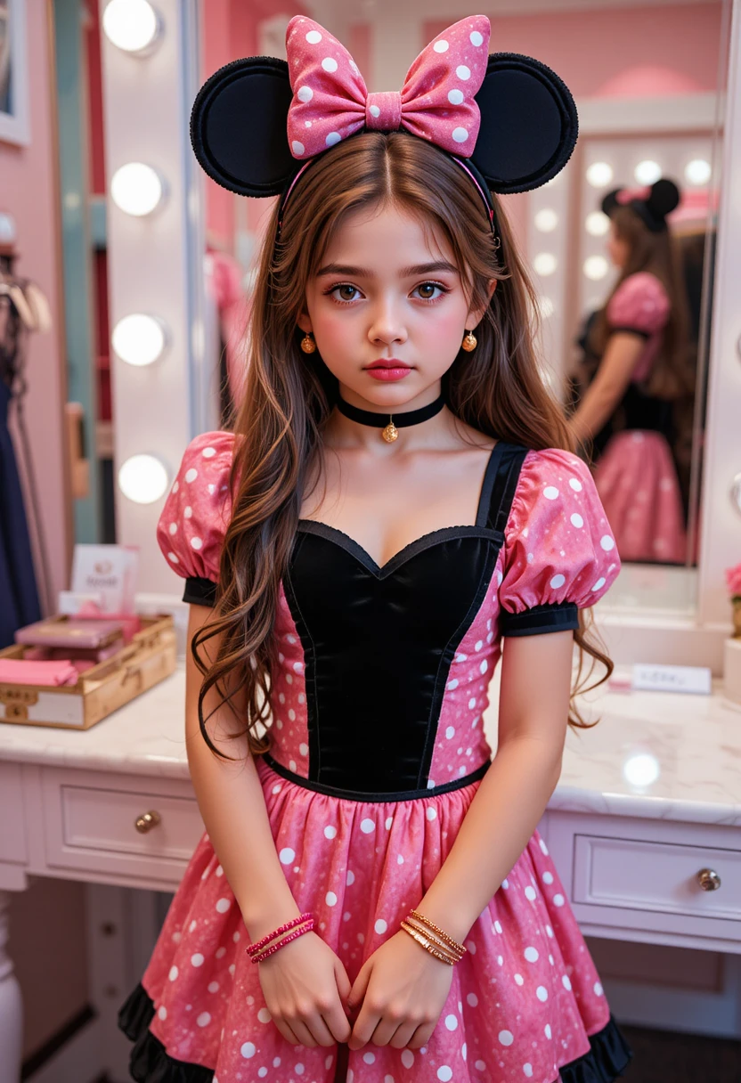 Niño preadolescente disfrazado de Minnie Mouse en interior de boutique