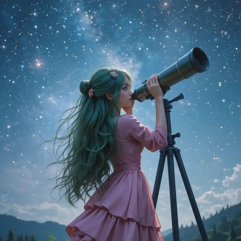 ピンクのドレスを着た金髪の少女が望遠鏡で星空観測をしている