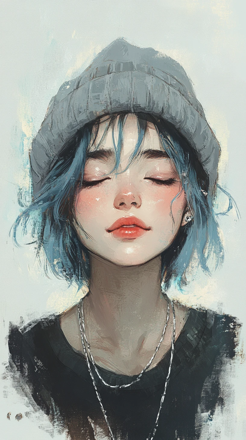 Ragazza serena dai capelli blu in illustrazione con caldo controluce