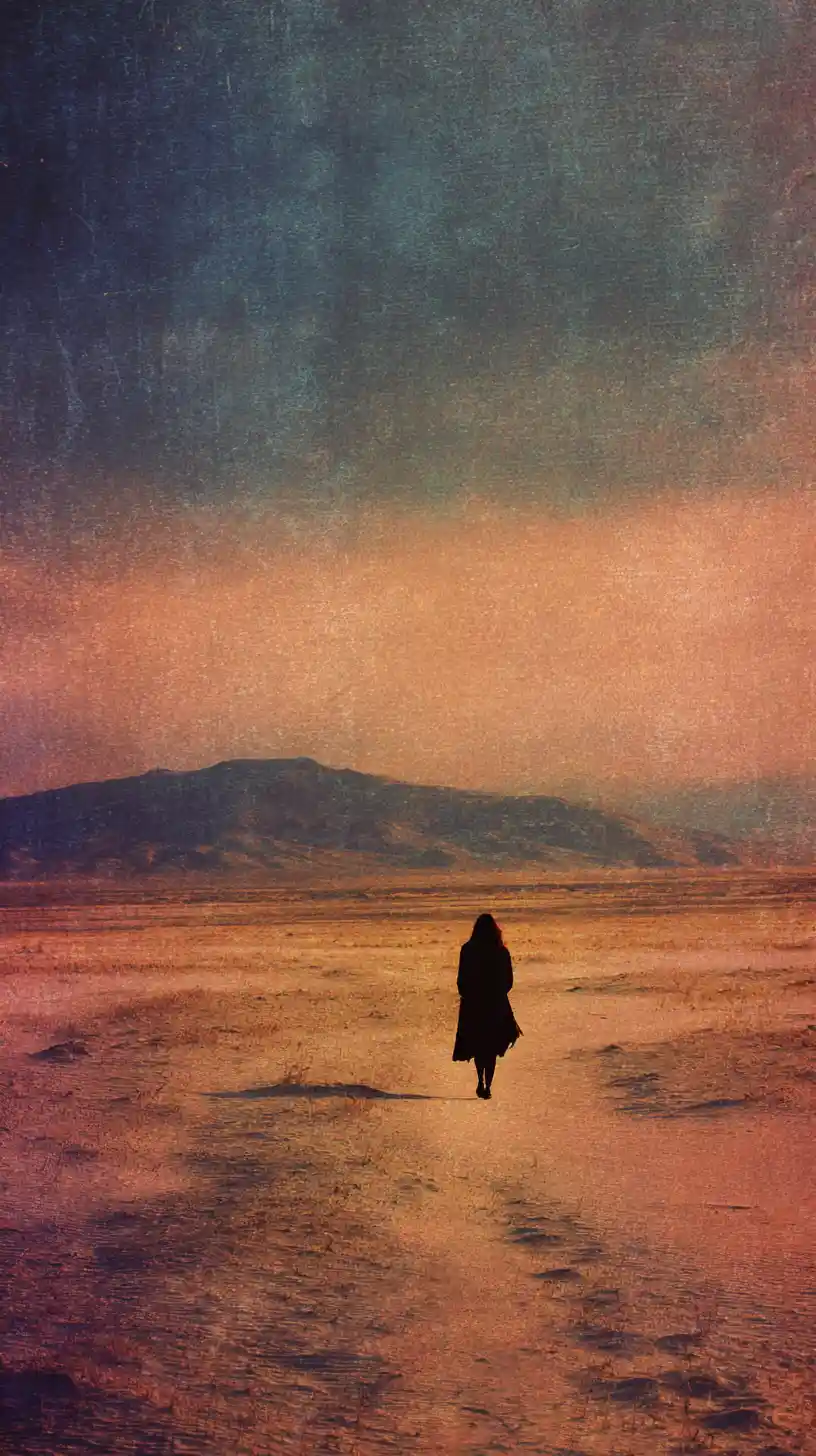 Lonely figure wandering through a surreal desert landscape