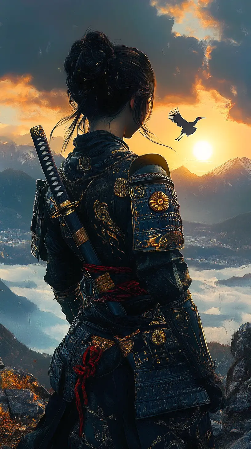 Female samurai watching a sunset over distant mountains